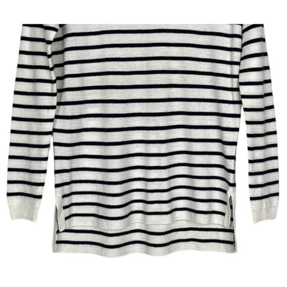 J. Crew Striped Leather Panel Wool Knit Long Sleeve Sweater XS Black Cream #4247 - Picture 4 of 15